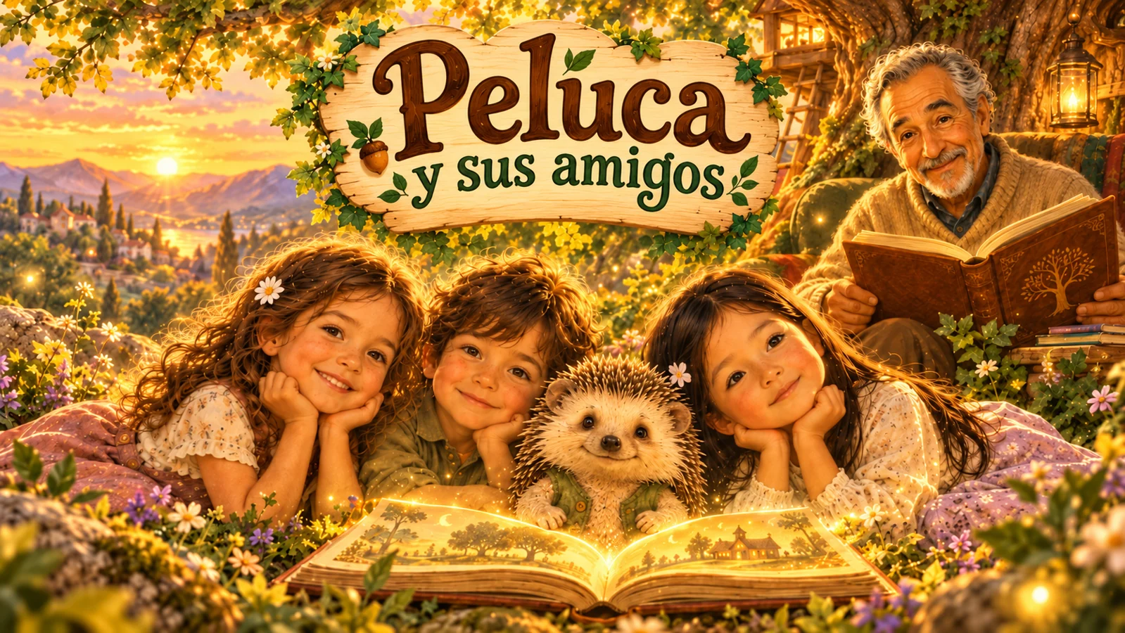 Portada oficial de Peluca y sus amigos: Peluca, Sofía, Martín, Luna y el abuelo leyendo un cuento